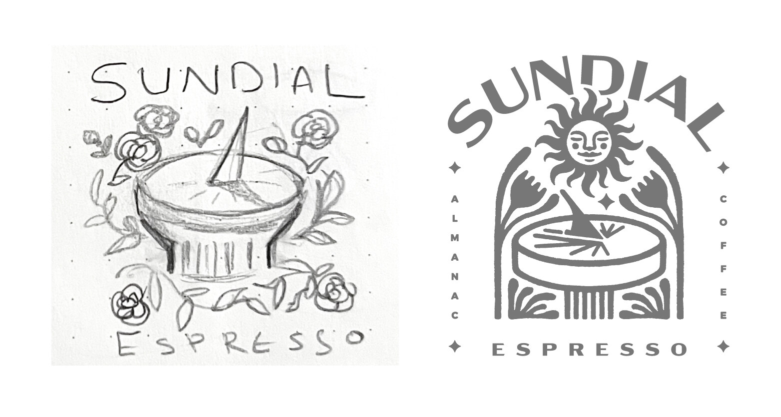 Sundial Espresso logo sketch and final line art