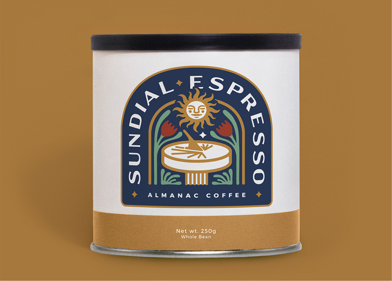 Sundial Espresso tin on color background