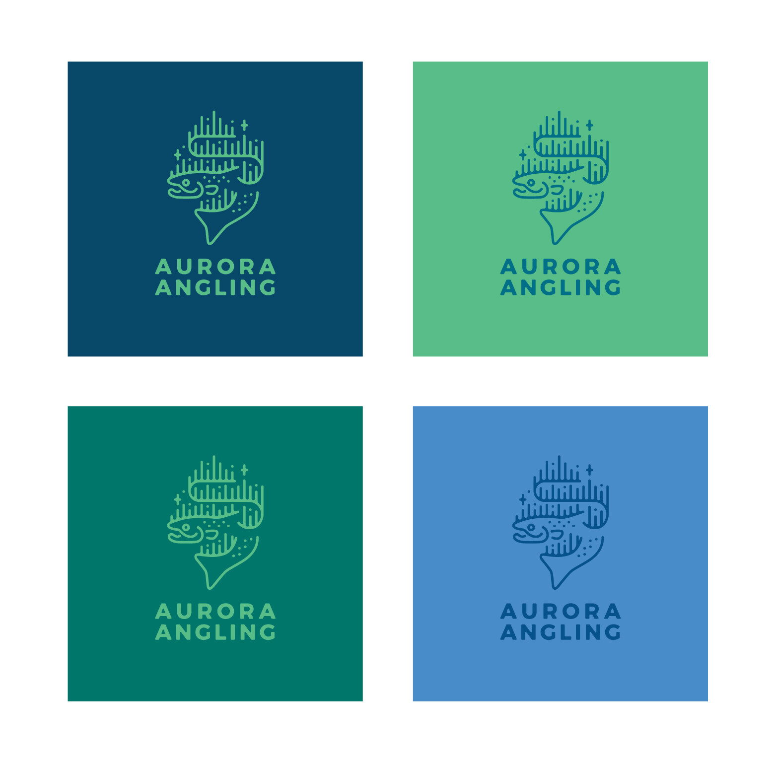 Aurora Angling logo on colored background variations