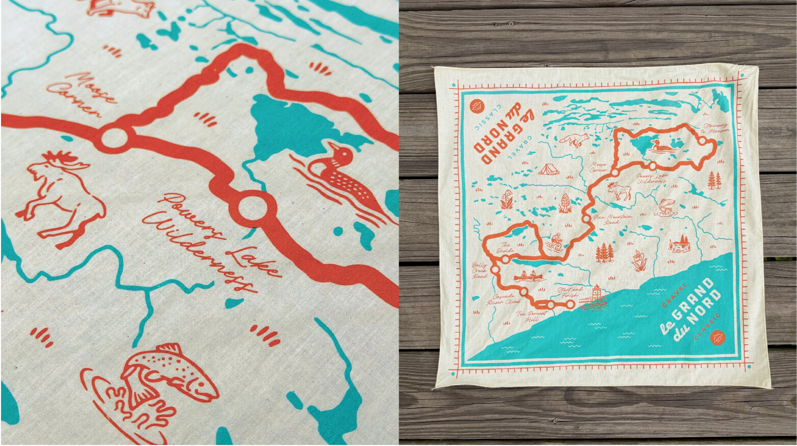 Bandana route detail and full bandana on wood background