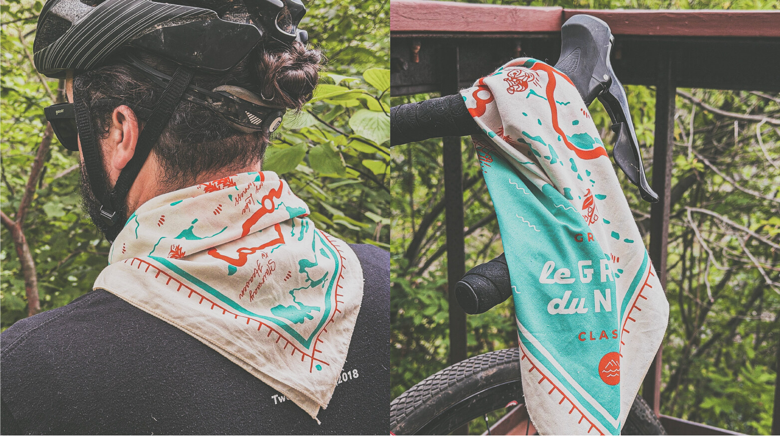 Bandana worn while cycling and tied to handlebars