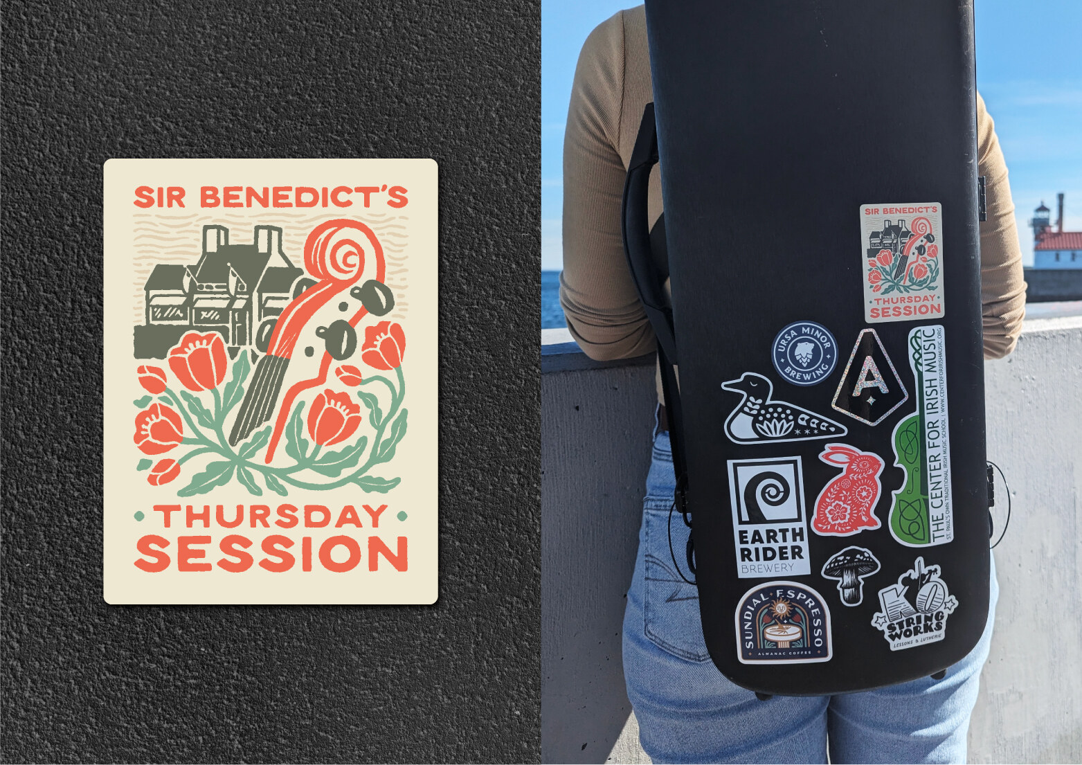 Sir Benedict's Thursday Session sticker and instrument case with stickers