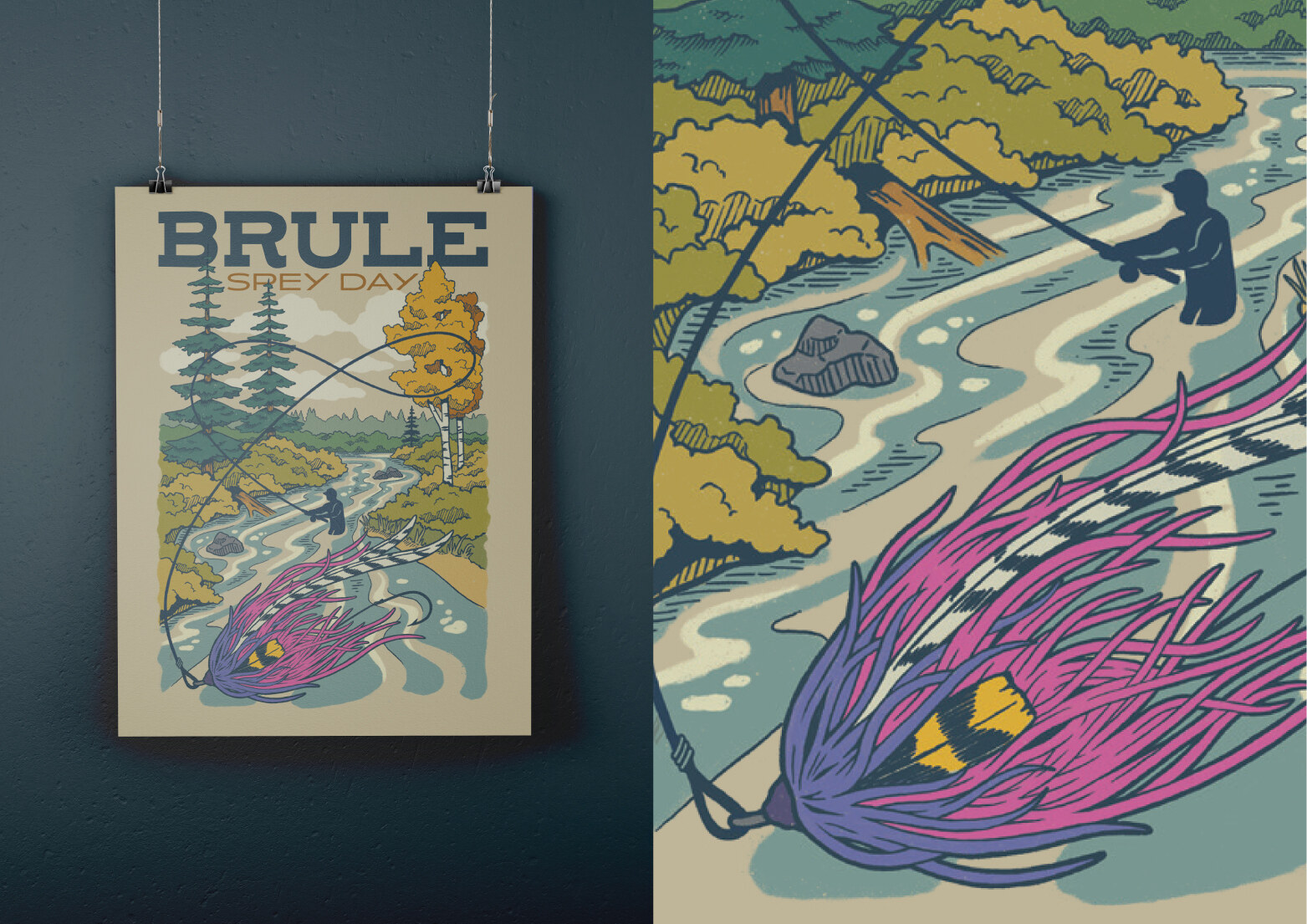 Brule Spey Day poster hung on wall with detail view