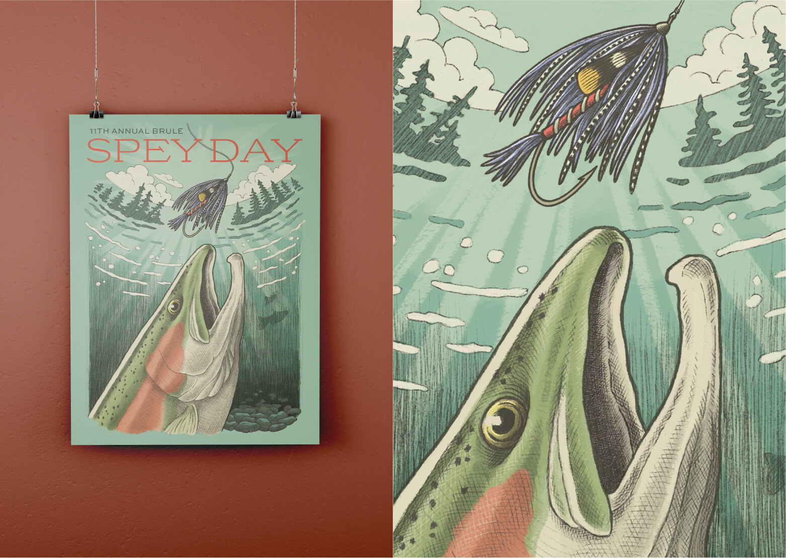 Brule Spey Day poster full color, hung and detail view
